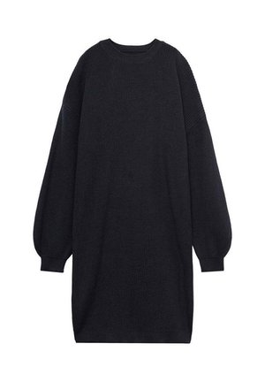 Czarna dzianinowa sukienka z długim rękawem, z prążkowanym okrągłym dekoltem, mankietami na rękawach oraz luźnym, prostym krojem.