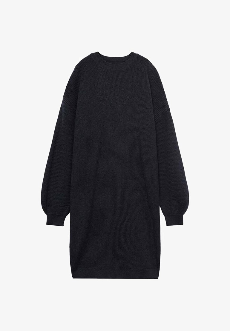 Robe pull noire à manches longues en maille, avec col rond côtelé, manches retroussées et coupe ample et droite.