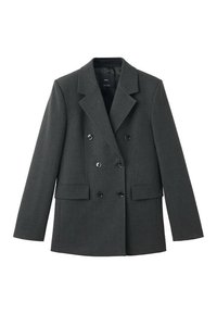 Chaqueta de doble botonadura en tejido gris oscuro, con solapas con muesca, grandes botones frontales y dos bolsillos laterales. Textura suave.