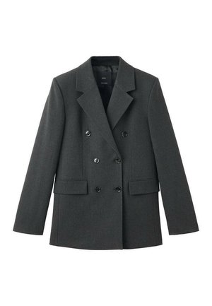 Doppelreihige Jacke aus dunkelgrauem Stoff, ausgestattet mit Revers, großen Frontknöpfen und zwei seitlichen Taschen. Glatte Textur.