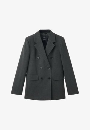 Doppelreihige Jacke aus dunkelgrauem Stoff, ausgestattet mit Revers, großen Frontknöpfen und zwei seitlichen Taschen. Glatte Textur.