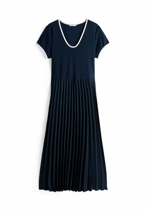 Marineblaues Kleid mit kurzen Ärmeln und weißer Einfassung an Ausschnitt und Ärmelbündchen, mit plissiertem Rock in Midi-Länge.