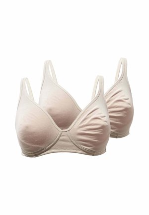 Due reggiseni wireless beige con spalline larghe e coppe modellate mostrati su sfondo bianco.