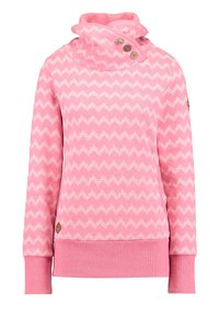 Pullover rosa con colletto alto e tre bottoni. Presenta un motivo a zigzag in una tonalità più chiara di rosa. Tessuto morbido con polsini a costine.