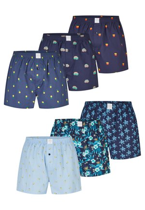 Seis pares de bóxers para hombre en azul marino y azul claro con estampados de piñas, furgonetas, papas fritas, palmeras y flores tropicales.