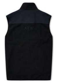 Svart väst med hög krage, med en enhetlig marinblå överdel, texturerad tyg och broderad "ATW" på baksidan.