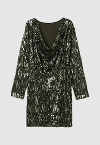 Schwarzes Paillettenkleid mit einem Cowl-Ausschnitt, langen Ärmeln und taillierter Passform. Verfügt über vertikale Linien aus schimmernden Pailletten.
