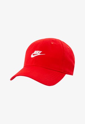 Boné de basebol de algodão vermelho com um logótipo da Nike bordado em branco, aba curvada e seis ilhós de ventilação na coroa.