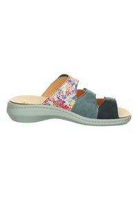 Blue-green and navy leather slide sandals with a floral fabric accent. Features an open toe and a cushioned insole on a light gray sole.
