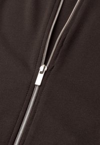 Silver metal zipper partially open on dark brown fabric, showing close-up detail of zipper teeth and slider.