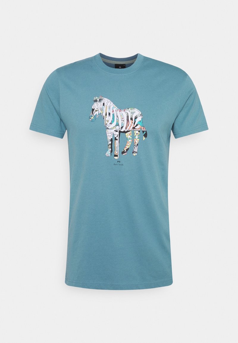 Modré tričko s krátkým rukávem s barevným vzorovaným zebra grafickým motivem umístěným uprostřed hrudi a malým textem "PS Paul Smith" pod ním.