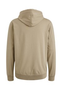 Haut à capuche khaki avec cordon de serrage, poignets et ourlet côtelés, texture lisse, sans motifs ni embellissements supplémentaires.