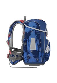 Blauer Rucksack mit einem strukturierten Design, das Punkte und Spritzer zeigt. Graue Riemen, ein Netzrücken und farbenfrohe Hardware-Akzente sind sichtbar.