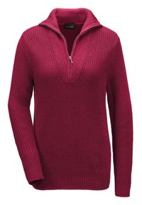 Gebreide trui in diep magenta met een rits-kraag, geribbelde manchetten en een textuurpatroon aan de voorkant.