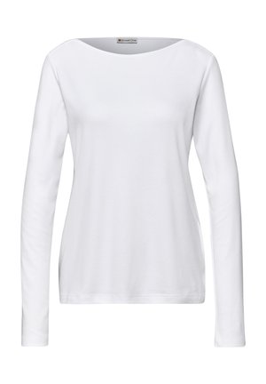 T-shirt blanc à manches longues en coton doux, avec un col rond et une coupe décontractée. Texture lisse sans motifs ni accessoires.