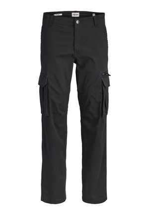 Pantalon cargo noir avec fermeture avant par bouton et zip, passants de ceinture, deux poches latérales à rabat avec fermetures éclair, et jambes droites.