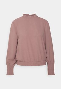 Sudadera rosa empolvado con un cuello fruncido alto, mangas largas abullonadas y un dobladillo fruncido, hecha de una tela suave y elástica.