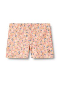Blommiga shorts i rosa med en variation av små blå och gula blommor. Tillverkade av mjukt tyg med resår i midjan och sydd fåll.
