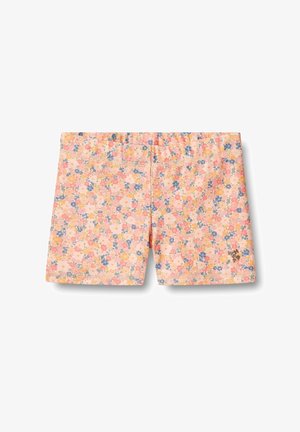 Kvetinové šortky v ružovej farbe s rôznymi malými modrými a žltými kvetmi. Vyrobené z mäkkého materiálu s elastickým pásom a prešitým lemom.