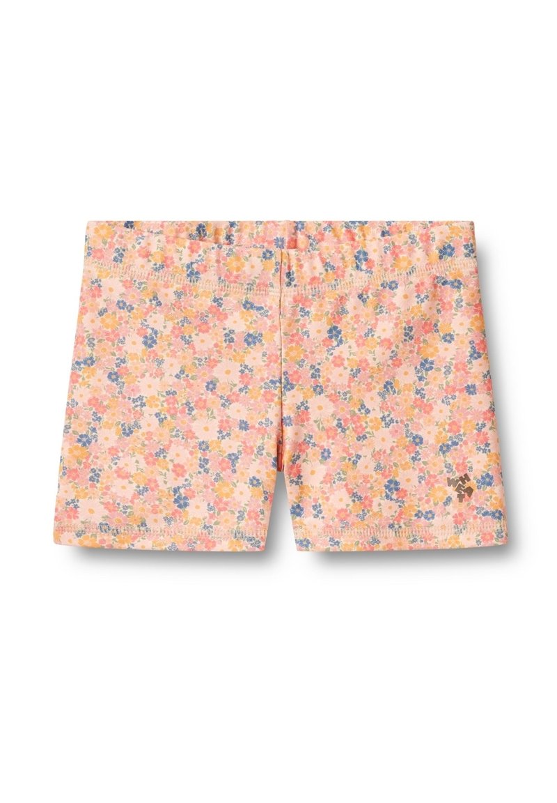 Rózsaszín virágmintás rövidnadrág, amely kicsi kék és sárga virágokkal díszített. Puha anyagból készült, elasztikus derékpánttal és varrt széllel.