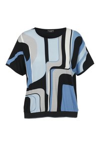Kurzärmliges Oberteil aus weichem Stoff mit abstrakten Mustern in Blau, Grau und Schwarz. Verfügt über einen runden Ausschnitt und einen elastischen Saum.