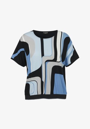 Korte mouwen top in zachte stof met abstracte blauwe, grijze en zwarte patronen. Heeft een ronde halslijn en een elastische zoom.