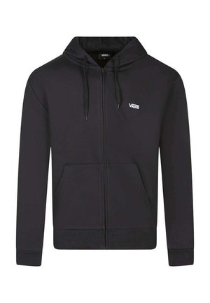 Czarna bluza z kapturem na zamek, przednie kieszenie, kaptur ze ściągaczem oraz małe białe logo Vans na lewej piersi.