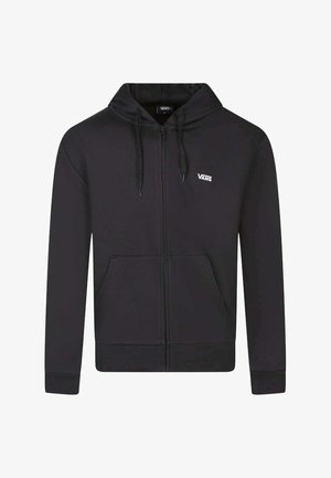 Sudadera negra con cremallera, bolsillos delanteros, capucha con cordón y pequeño logo blanco de Vans en el pecho izquierdo.