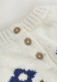 Pull en tricot couleur ivoire avec un col côtelé, doté de quatre boutons marron et de motifs brodés bleu marine sur le devant.