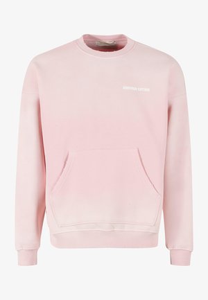 Felpa rosa in cotone, con collo a giro, maniche lunghe, polsini a coste, tasca a marsupio e un piccolo logo sul petto.