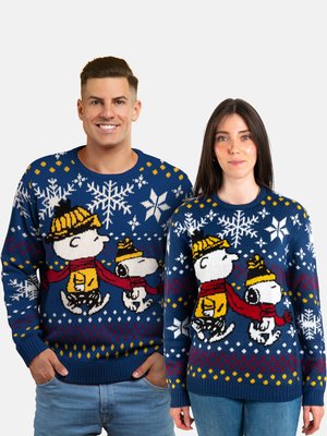 Knit sweaters in blue with snowflake patterns and a cartoon design featuring Snoopy and a character wearing hats and scarves.