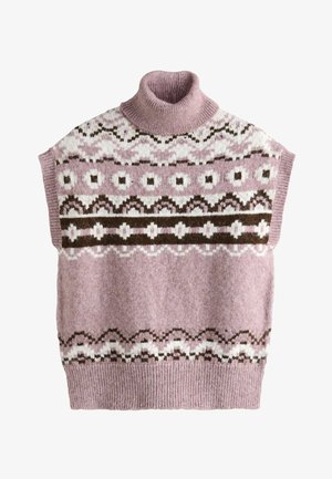 Strick-ärmelloser Pullover in sanftem Rosa mit hohem geripptem Stehkragen. Verziert mit einem dekorativen Muster in Weiß und Braun über der Brust.