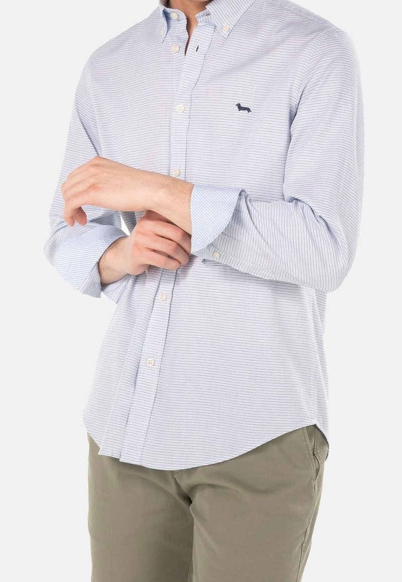 Hellblau-weiß gestreiftes Hemd mit Knöpfen, aus Baumwollmaterial, mit einem kleinen gestickten Logo auf der Brust und hochgekrempelten Ärmeln.