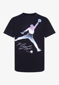Black t-shirt featuring a silhouette of a leaping figure in gradient purple to blue, with the word “Flight” in white script beneath.