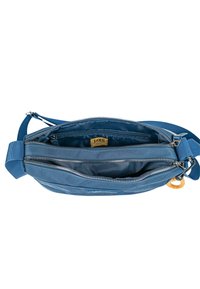Bolso bandolera de tela azul con dos compartimentos con cremallera, correa ajustable y textura suave. Cuenta con una etiqueta con el logo en el interior.