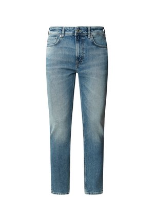 Lysblå denimjeans med lige pasform, fem-lomme design og lynlås. Fading nær knæene og subtilt slid på lårene.
