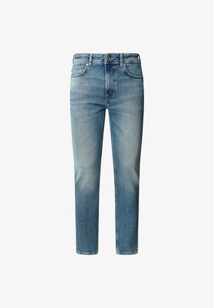 Helle blaue Jeans aus Denim mit geradem Schnitt, Fünf-Taschen-Design und Reißverschluss. Ausbleichungen in der Kniegegend und dezente Wischspuren an den Oberschenkeln.