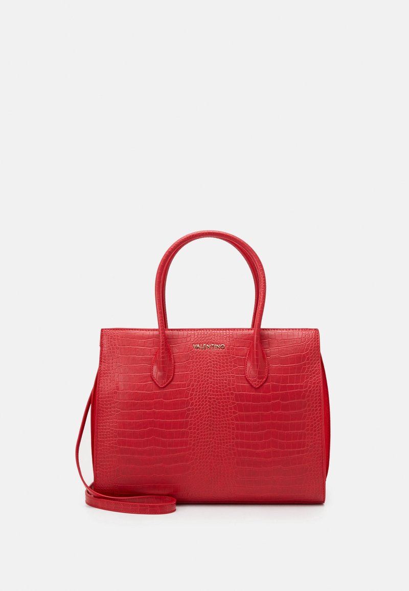 Red crocodile-embossed leather handbag with two top handles and an adjustable shoulder strap. Features branded metal logo on the front.