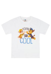 Weißes Baumwoll-T-Shirt mit bunten Cartoon-Hunden. Der Text „DU BIST SO COOL“ steht in fetten, blauen und braunen Buchstaben. Rundhalsausschnitt, kurze Ärmel.