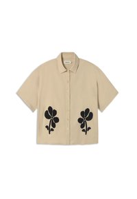 Beige short-sleeve shirt with a pointed collar, featuring black floral embroidery on the front and a button-down closure.