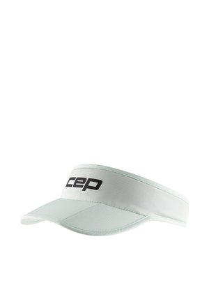 White sports visor with a curved brim and black "cep" logo on the front band against a plain white background.