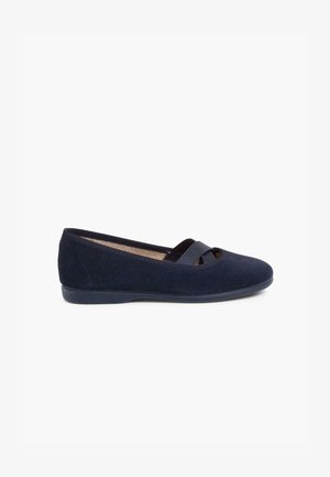 Ballet flats suede tummansin tummansin sininen, jossa on pyöristetyt varpaat, satiininen hihna edessä ja litteä kumipohja. Tasainen pinta ilman merkittäviä kuvioita.