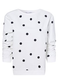 Sudadera blanca con lunares negros, de manga larga, cuello redondo y puños y dobladillo acanalados. Hecha de material de algodón suave.
