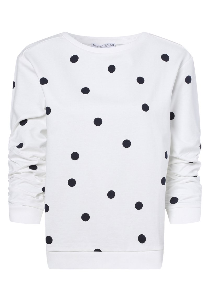 Sudadera blanca con lunares negros, de manga larga, cuello redondo y puños y dobladillo acanalados. Hecha de material de algodón suave.