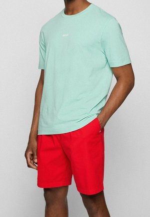 Minzgrünes Baumwoll-T-Shirt mit kurzen Ärmeln und rundem Ausschnitt, kombiniert mit knallroten Shorts. Dezentes Logodetail auf dem Shirt.