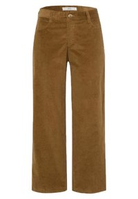 Brązowe spodnie szerokie z korduroju z zapięciem na guzik, z przednimi kieszeniami i pionowym prążkowanym wzorem.
