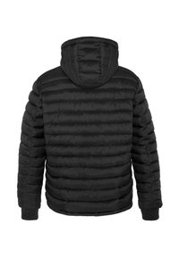 Gepolsterte schwarze Jacke mit Kapuze, die horizontale Steppung, elastische Bündchen und eine glatte Textur aufweist. Entwickelt für Wärme und Komfort.