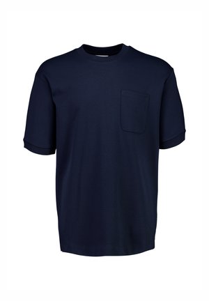 Navyblaue Baumwoll-T-Shirt mit kurzen Ärmeln, Rundhalsausschnitt und einer einzigen Brusttasche. Verfügt über eine glatte Textur und eine entspannte Passform.