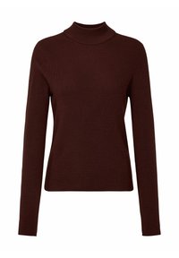 Burgunderfarbener Rollkragensweater aus geripptem Strickstoff. Verfügt über lange Ärmel und eine figurbetonte Silhouette. Weiche Textur und minimalistisches Design.