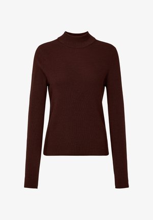 Burgundowa swetra z golfem wykonana z prążkowanej dzianiny. Posiada długie rękawy i dopasowany krój. Miękka tekstura i minimalistyczny design.